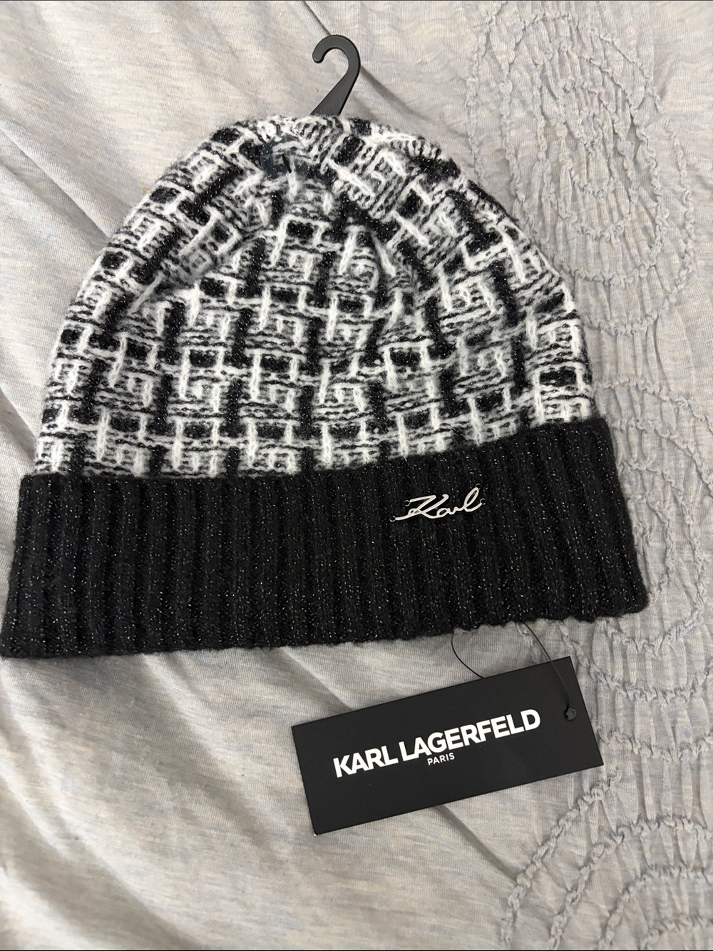 Karl Lagerfeld Black & White Patterned Ribbed Cuff Beanie